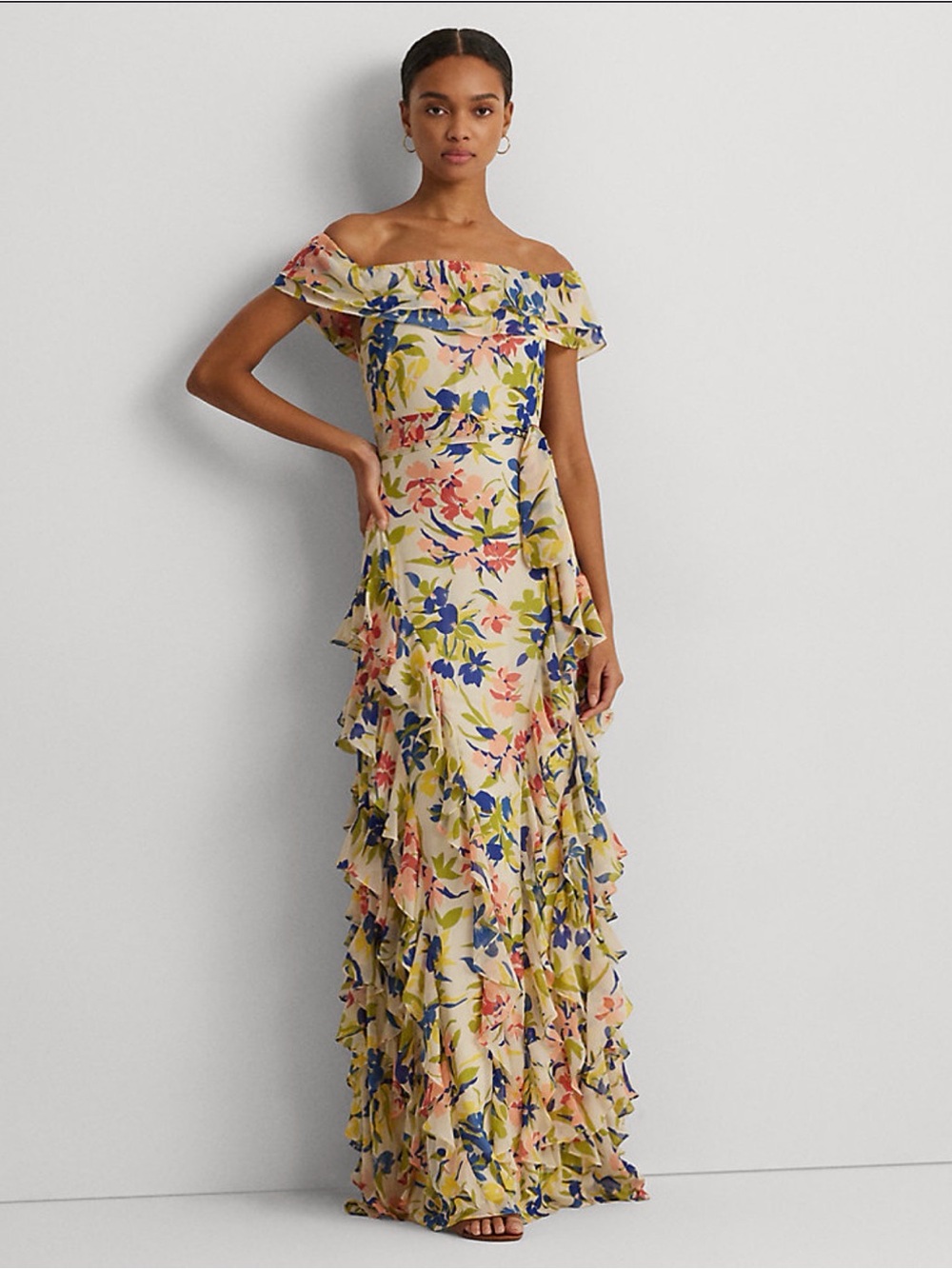 Lauren Ralph Lauren Floral Print Ruffle Trim Georgette Gown